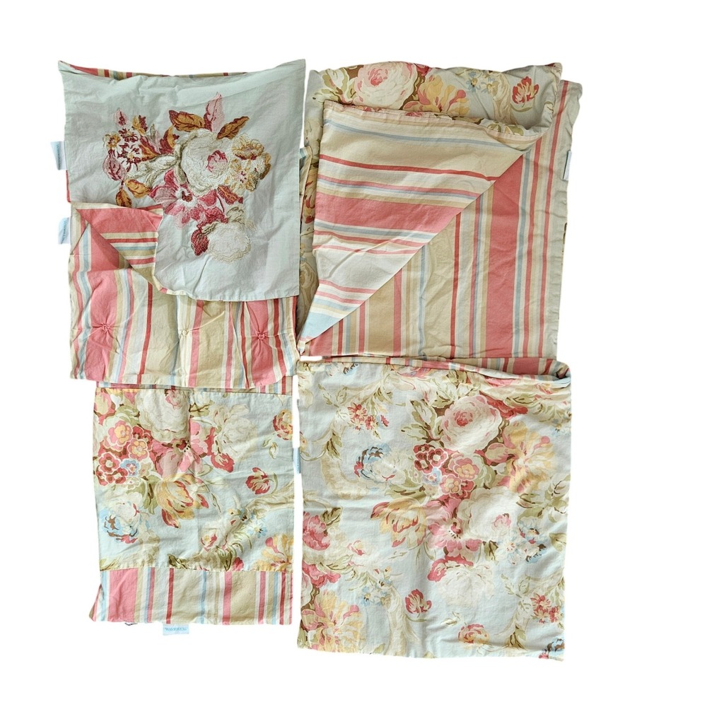Waverly Floral Stripe Bedding Set Pink Green Cottagecore Embroidered Shams‎ 5 pc